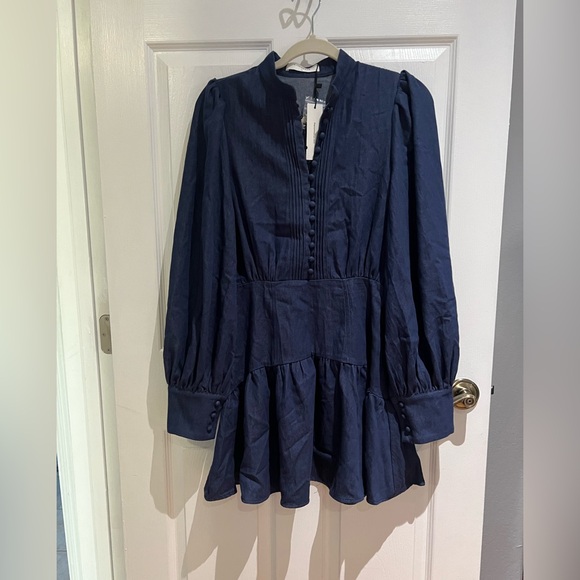 Commense Denim Stand Collar Puff Sleeve Mini Dress - Picture 4 of 8